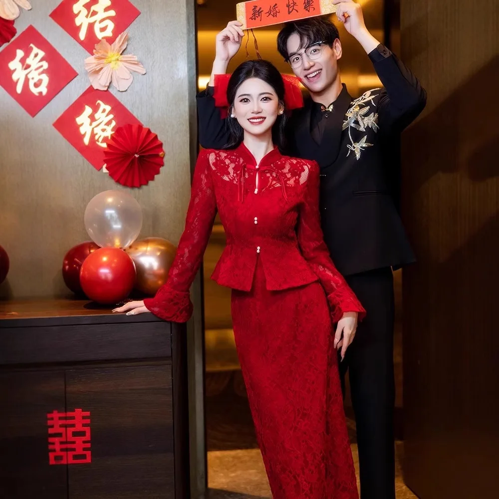 

Qipao Toast Dress Bridal Red Engagement Dress New Chinese Wedding Dress Set Long Sleeve Dress for Women