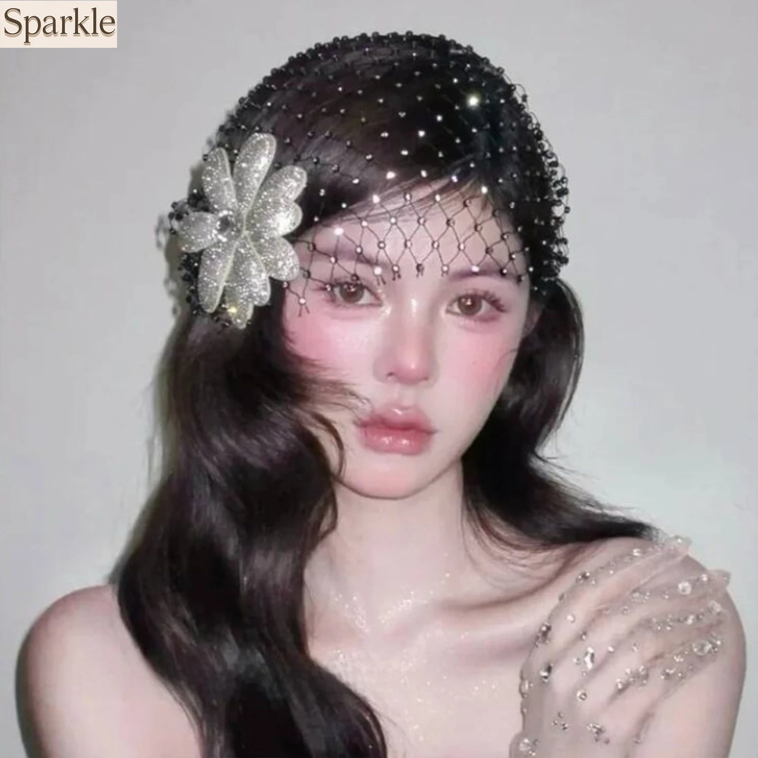 

French Style Black Rhinestones Flower Net Hat DIY Handmade Bridal Headdress Hollow Wedding Headwear