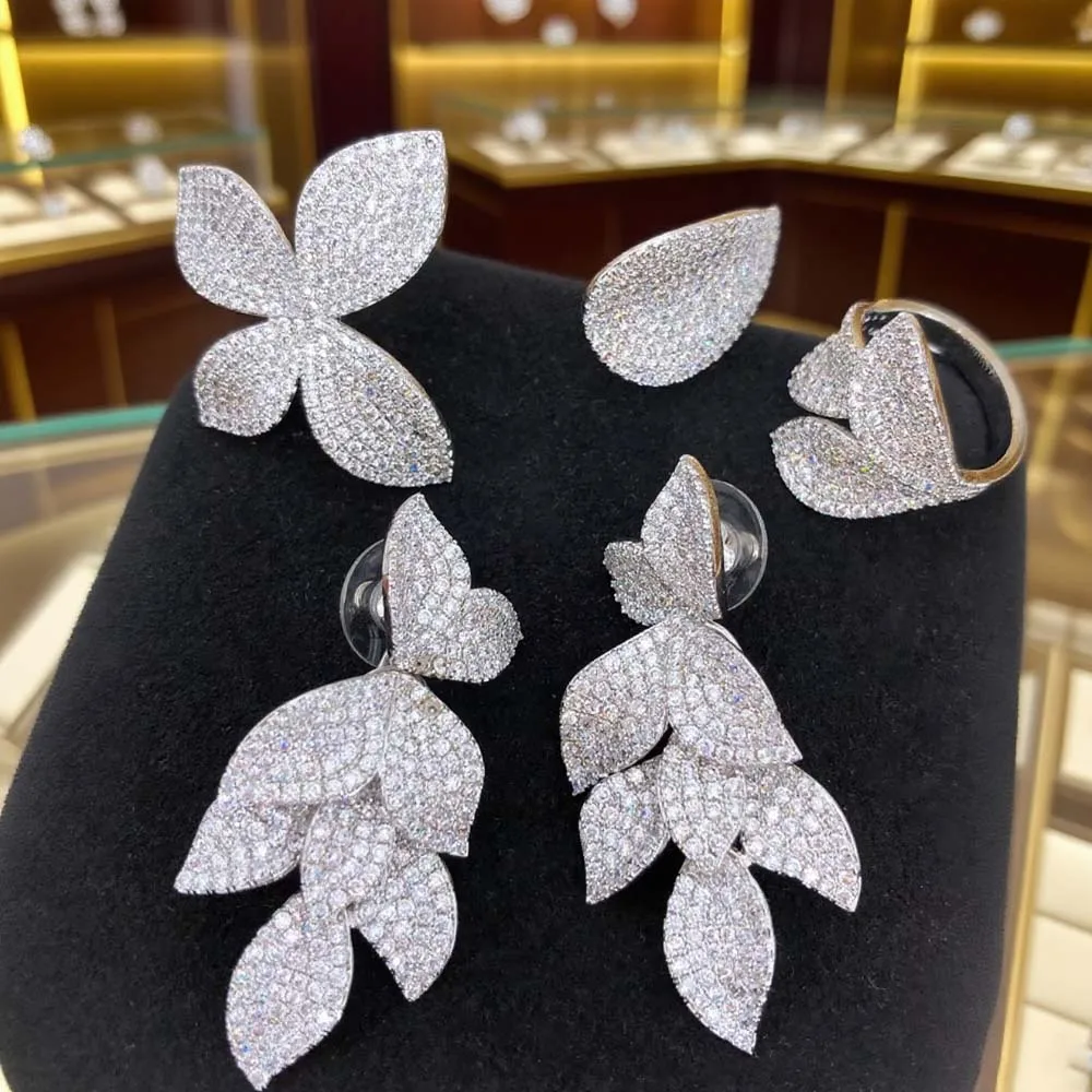 

Missvikki Luxury Leaf Leaves Earrings Ring Jewelry Set For Women Wedding Party Full Zircon Dubai Bridal jewelry Set High Quality