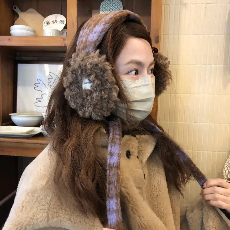Korean Straps Plush Plaid Earmuffs Women's Autumn and Winter Thickened Warm Fashion Earmuffs Cold-proof Outdoor Headband