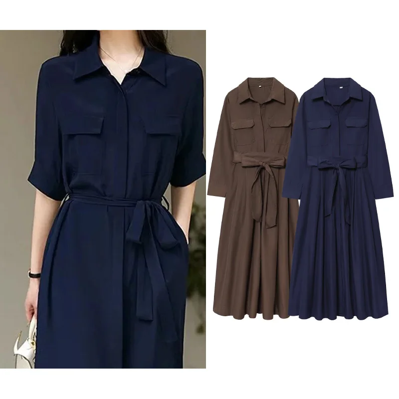 HipSeam Women Shirt Midi Dress With Belt Autumn Turn Down Collar Women's Dress Pocket Long Dress Pleated Hem Female Chic Dresses