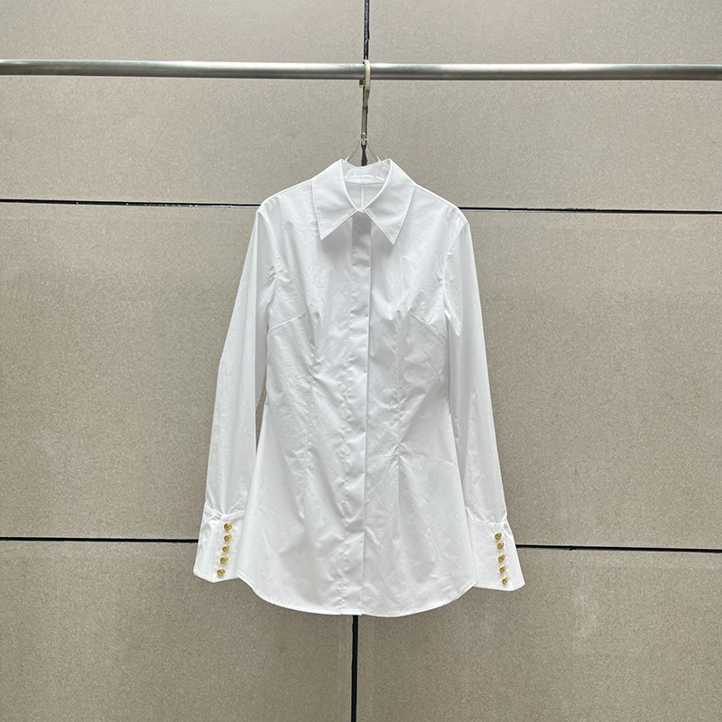 T-shirt y2k Spring/Summer Metal Button Lapel Long Sleeve Cotton Women shirts2024korean fashion Simple Pressure Pleat Women top