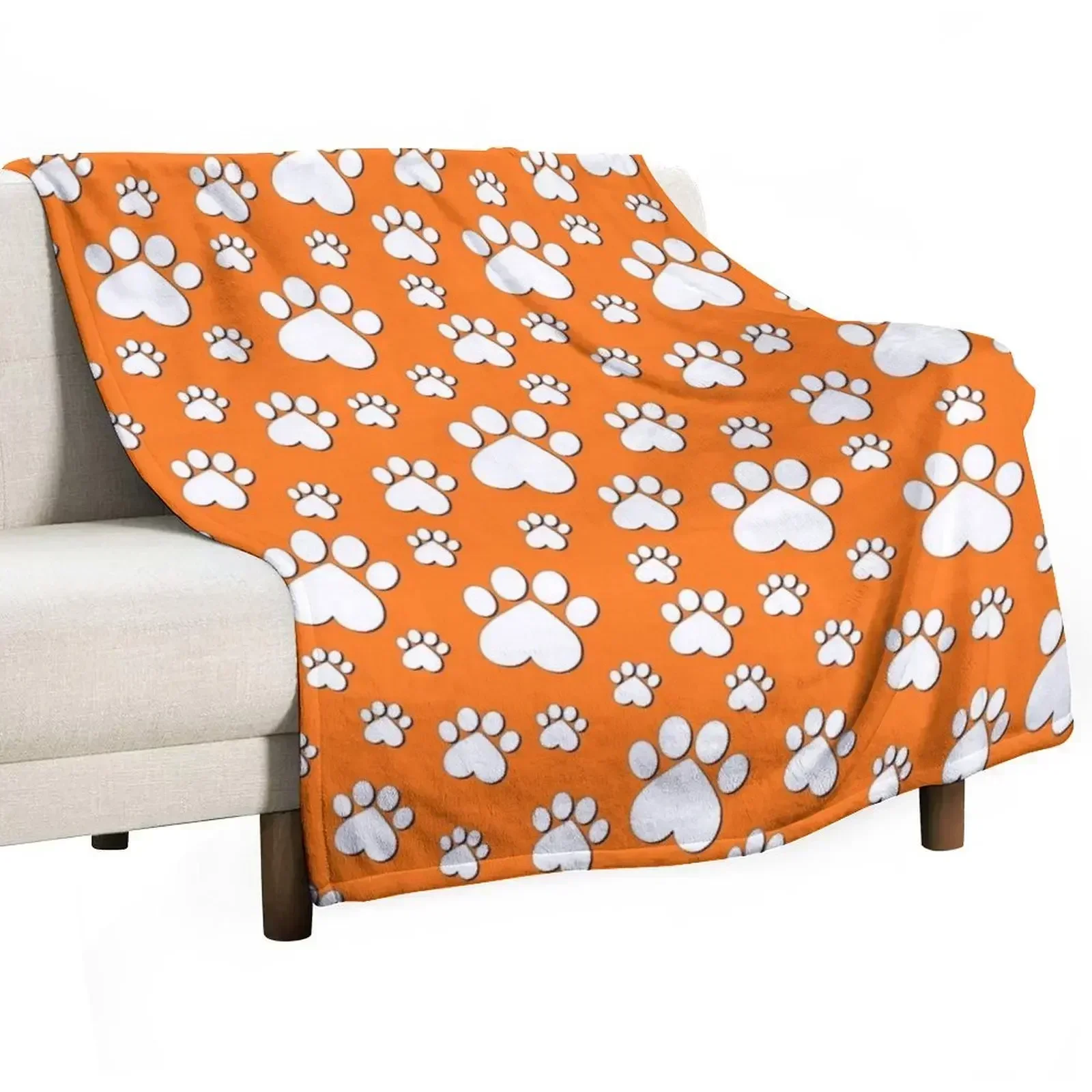 

Halloween White on Orange Paw Pattern - Heart Paws with Outline Throw Blanket christmas gifts Quilt Vintage Hairys Blankets