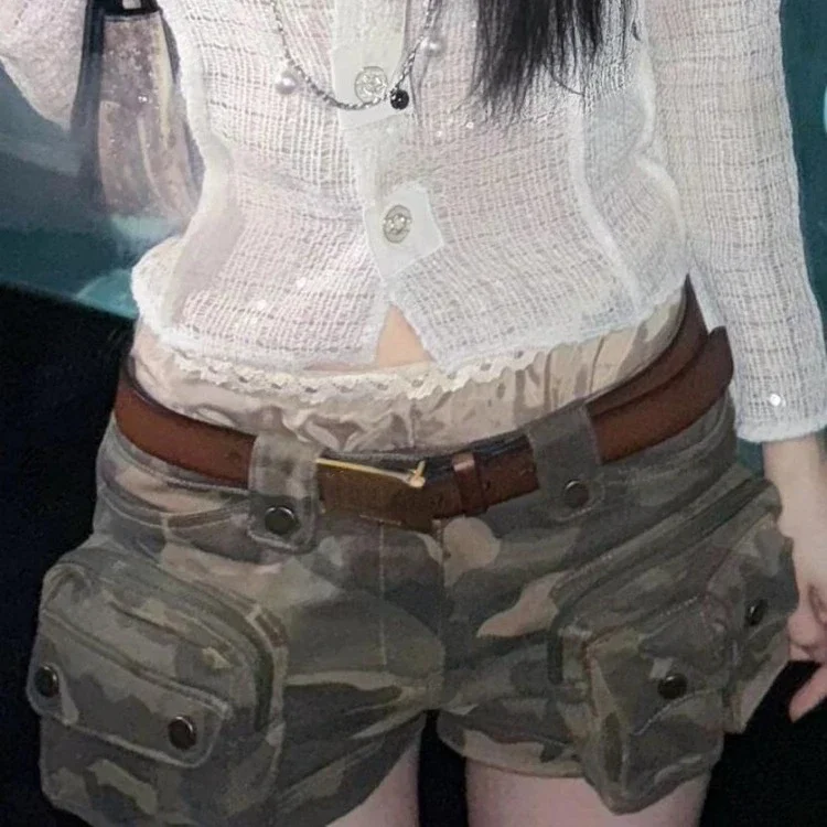 여성을위한 미국 복고풍 위장 반바지 2025 여름 새로운 슬림 맞는 청바지 Y2k 그런지 헤비 포켓 바지 Mujer
