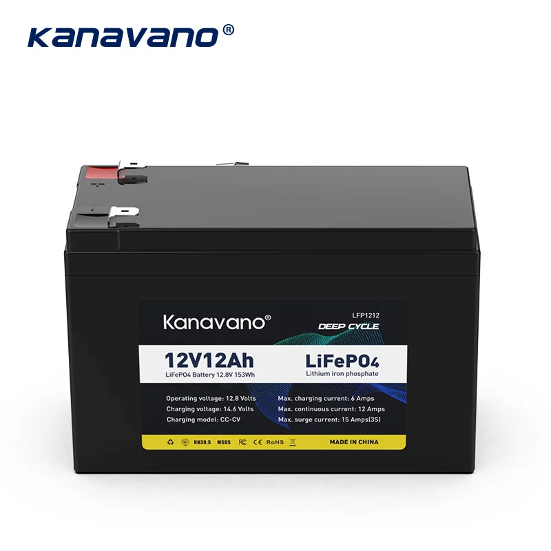 Kanavano Rechargeable LiFePO4 Battery Pack 12V 12Ah Built-in 4S BMS For Led Lighting Devices Household Appliances + 2A Charger