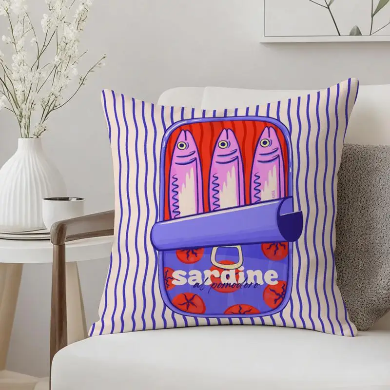 Funny Sardine Tin Pillowcase, Cute Cartoon Fish Pattern Cushion Cover, Blue Striped Quirky Kitchen Decor, Novelty Home Gift