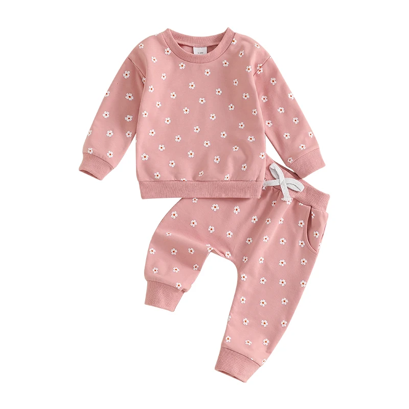 

Baby Girls Floral Outfit Long Sleeve Crew Neck Sweatshirt with Elastic Waist Sweatpants 2-piece Outfit