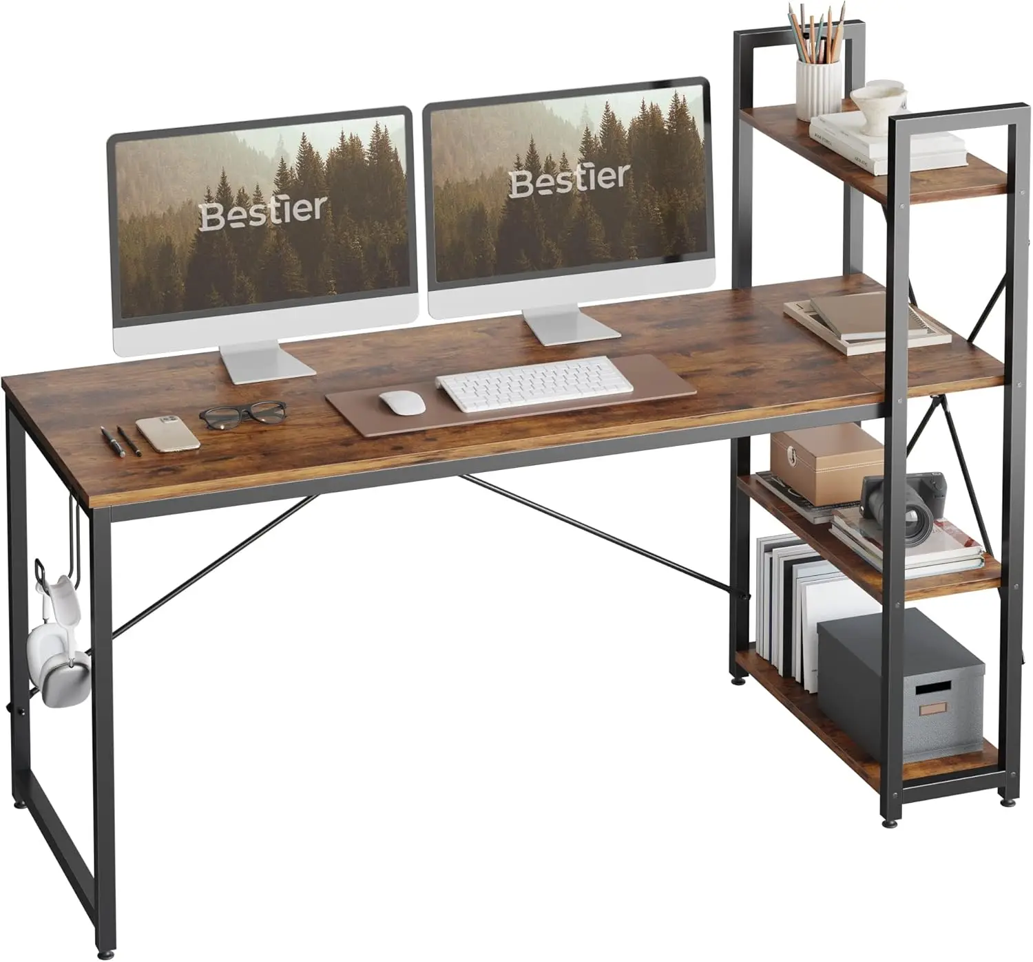 Bestier 63 Inch Computer Desk With Adjustable Shelves, Simple Writing Desk With Reversible Bookshelf And Metal Legs For Home