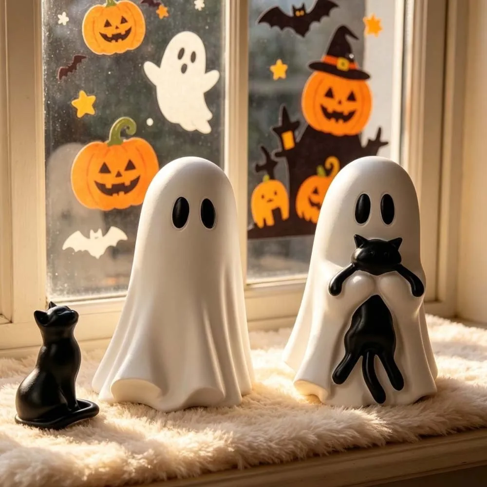 Resin Crafted Ghost Cat Ornament Smooth Surface Cute Style Spooky Ghost Statue Black White Tone Lightweight