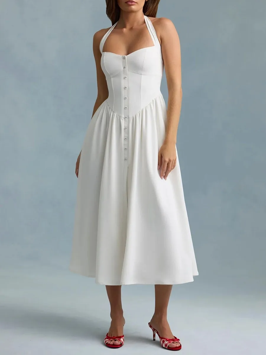 فستان TWOTWINSTYLE أبيض فرنسي أنيق هالتر للنساء برقبة على شكل قلب بدون أكمام وخصر عالٍ فساتين صيفية متوسطة الطول للسيدات #4
