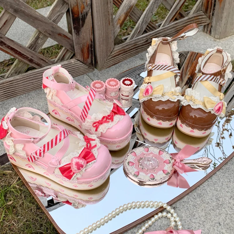 Chaussures à Muffin Lolita avec nœud aux fraises pour femmes, originales japonaises, mignonnes et douces, Macaron, plateforme exquise, chaussures simples pour femmes