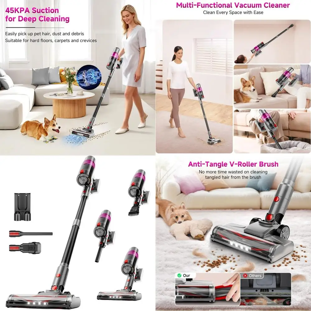 Powerful 550W 45KPA Cordless Vacuum Cleaner, Lightweight 6-in-1 Stick Vacuum for Home, Pet Hair, Carpets & Hard Floors (Purple)