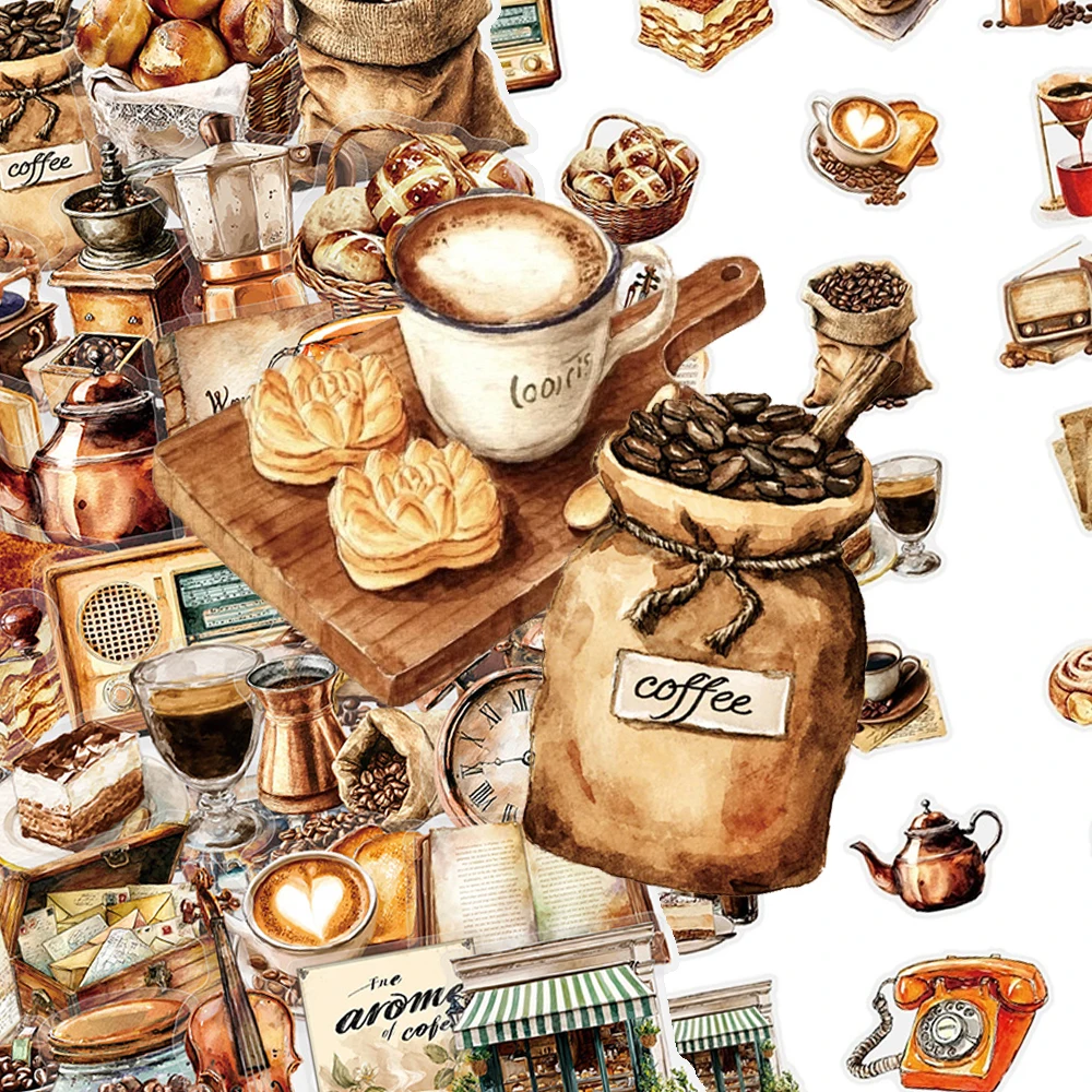 10/30/50pcs Vintage Cafe Cartoon Stickers Transparent Coffee Graffiti Sticker DIY Fridge Suitcase Phone Luggage Decals Wholesale