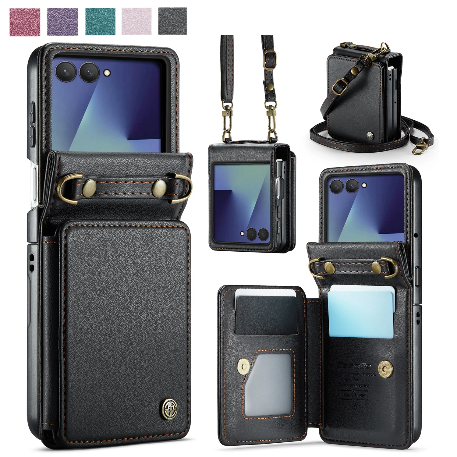 

Caseme-C22 Specifical Designed Case For Samsung Galaxy Z Flip 7, ‌Elegant Leather Protective Case Shockproof with Double Strap