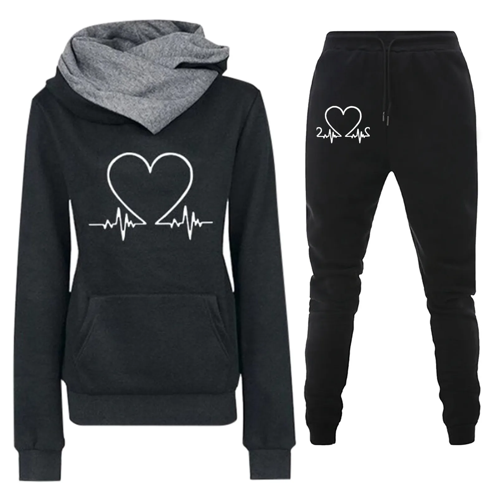 Women's Slim Fit Utility Style Mock Neck Long Sleeve Hoodie Two Piece Set with Letter Print Pocket Wrinkle Resistant Medium