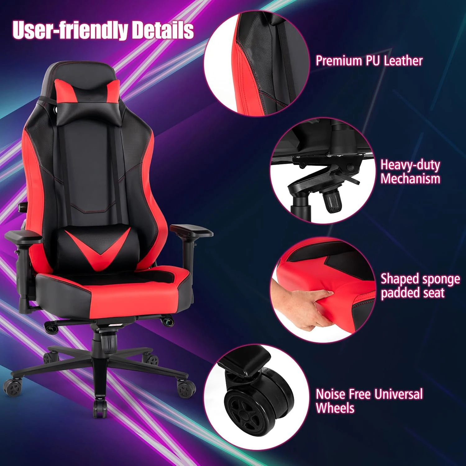 YYHC4D Armrest Wide Seat Big and Tall Gaming Chair 400LBS for Adult Teens Extra Large Comfort Racing Chair with Built-in Waist R