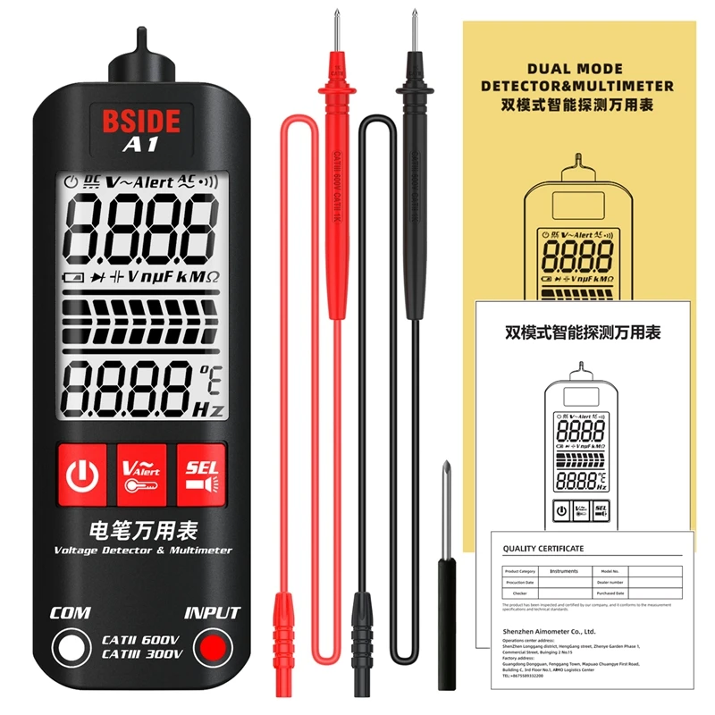 BSIDE A1 Voltage Tester Detector Multimeter Color Display Non-Contact Electric Pen Dual Range Live Wire Test