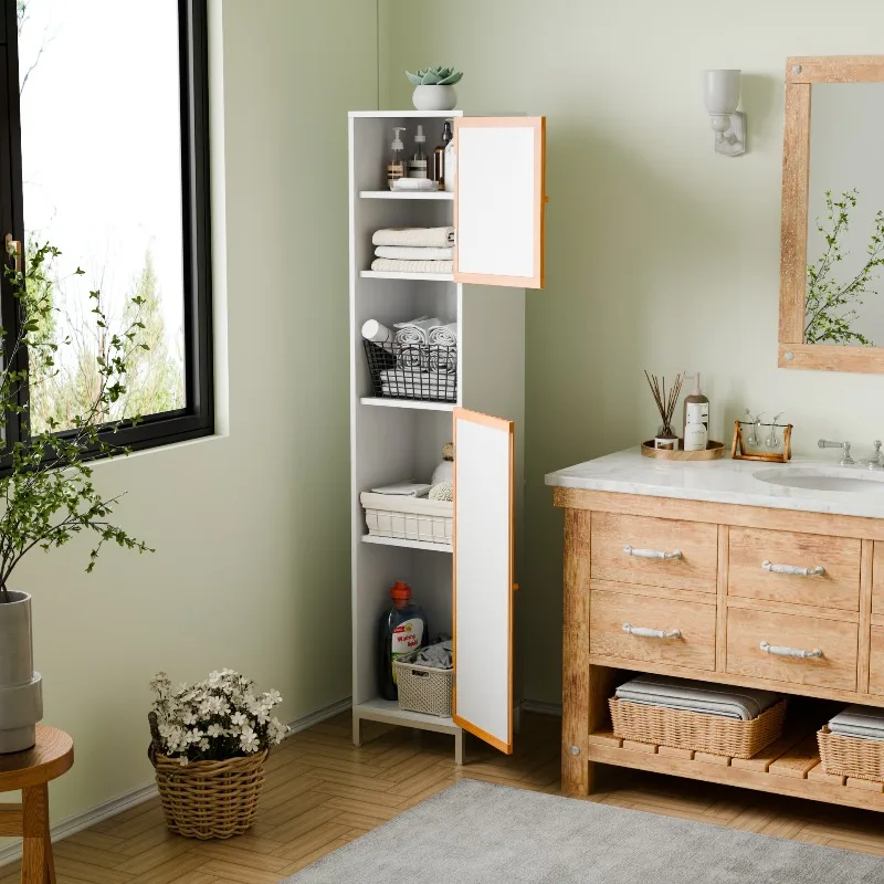 New double-door bathroom storage vertical cabinet modern simple balcony storage bamboo wood cabinet TV side cabinet
