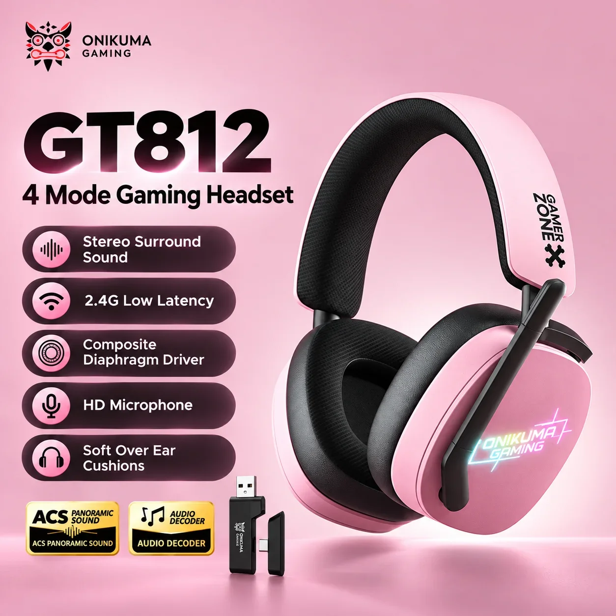 Wireless Gaming Headset 2.4GHz Low Latency Headphones With Microphone 50mm Driver Stereo Surround Sound For PC PS5 Switch Gamer