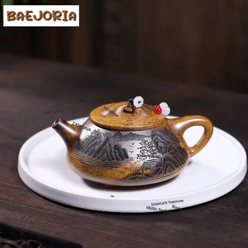BAEJORIA 310ml Boutique Yixing Purple Clay Teapots Handmade Stone Scoop Pot Raw Ore The Keel Gold Sand Mud Kettle Zisha Tea Set
