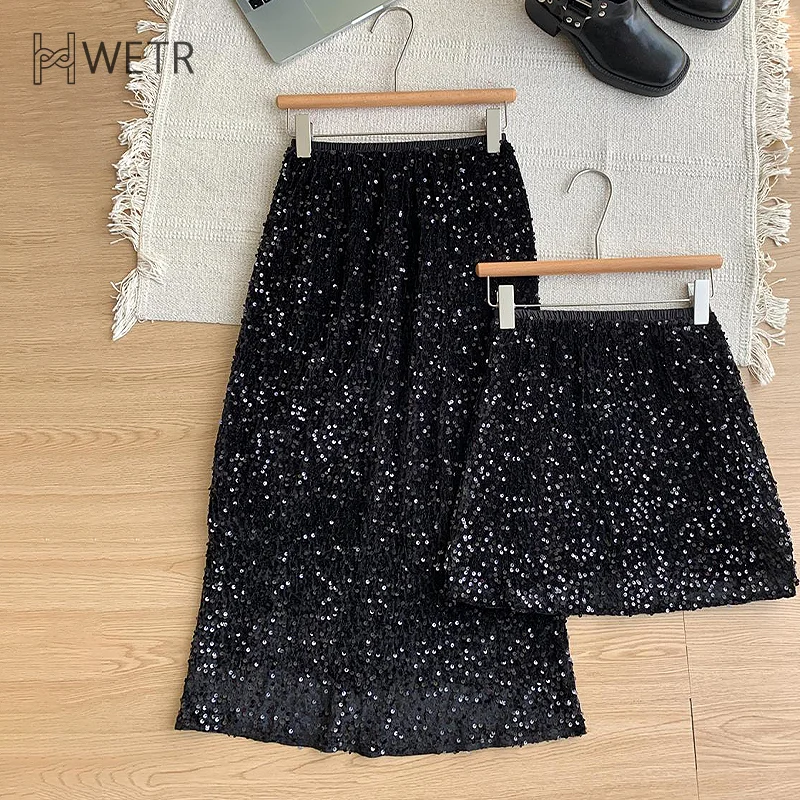 

Fashionable High Waist Dinner Party Black Velvet Sequined Skirt For Women