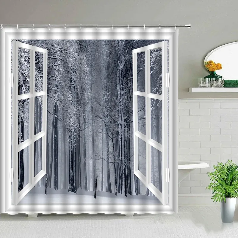 

JHB23Winter Snow Fir Forest Landscape Shower Curtain Set Snowflake Houses Snow Scene Bathroom Decor Waterproof Hanging Cloth9Kj(
