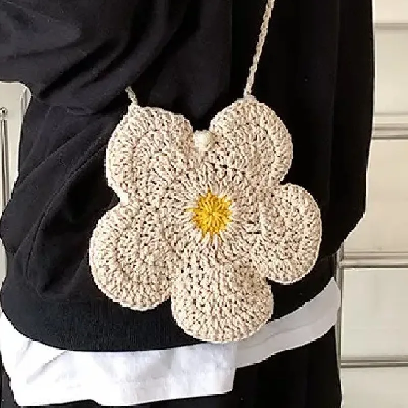 Hand woven flower cross body bag, mobile phone bag, key bag, paper towel bag, 5-petal flower cute shoulder bag