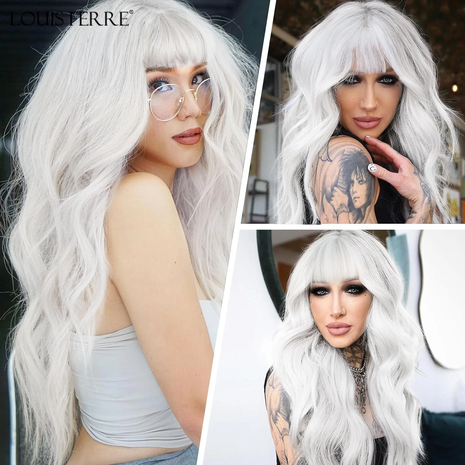 

LOUIS FERRE Long Wavy White Synthetic Wigs for White Women Natural Wave Hair With Bangs for Cosplay Daily Use Heat Resistant Wig