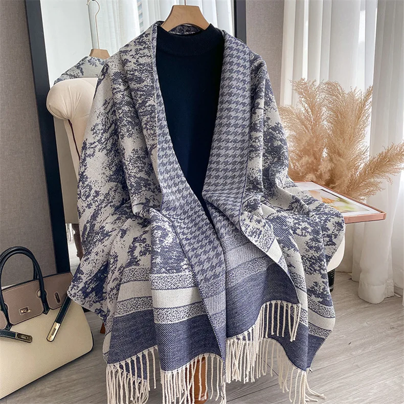 

2023 Cashmere Warm Blanket Winter Scarf Women Fashion Chain Print Thick Pashmina Poncho Tassel Shawl Wraps Bufanda Accessores