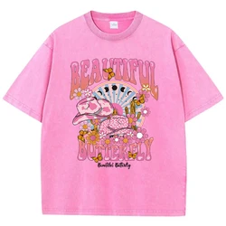 T-shirt lavata in cotone da donna alla moda Un mondo bello e brillante Stampa T-shirt Summer Street Manica corta Abbigliamento femminile oversize