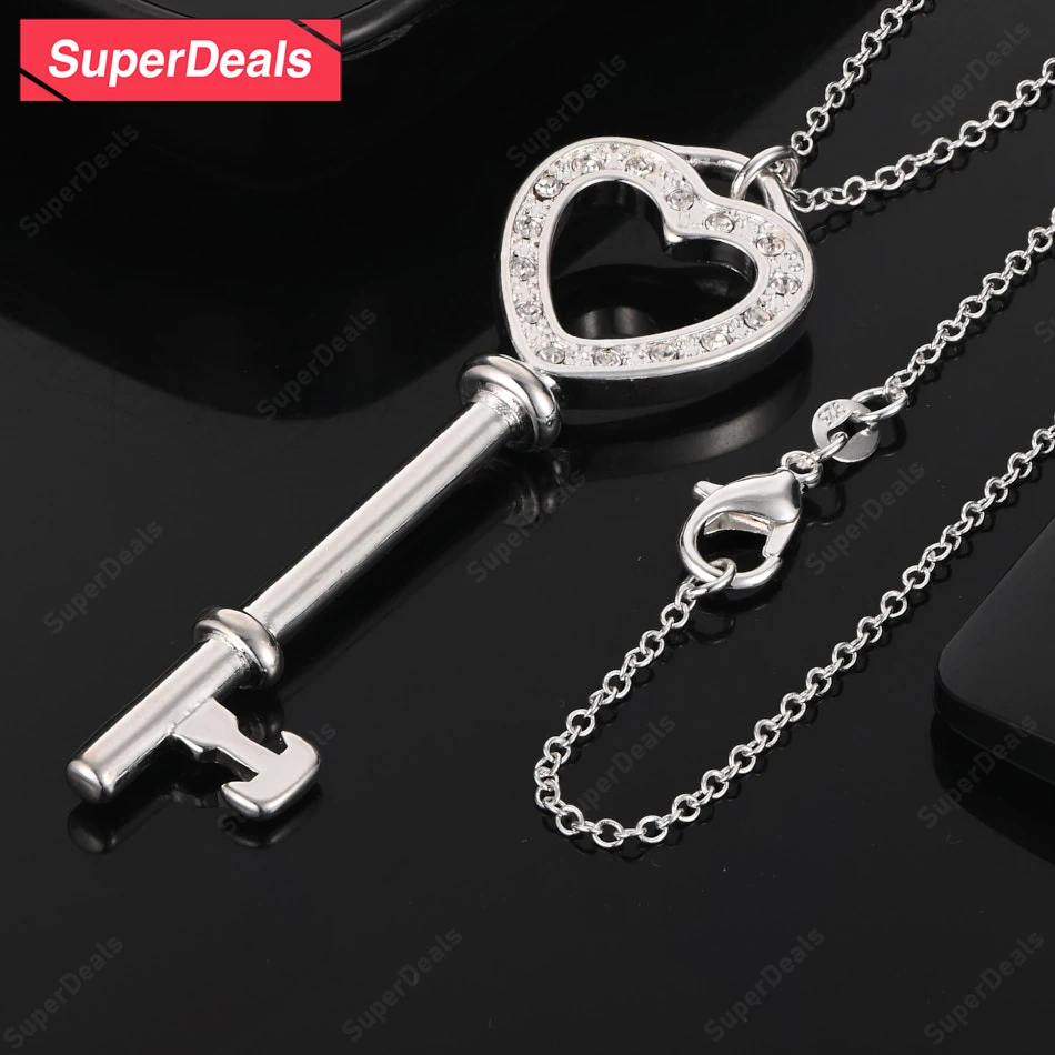 

SuperDeals 16-30 Inch 925 Sterling Silver Heart Key Pendant Necklace Women Luxury Classic Zircon Jewelry Birthday Party Gift