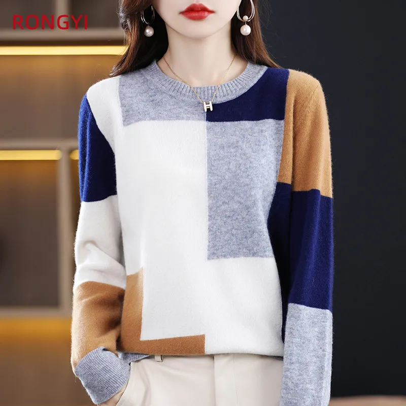 RONGYI 100% Merino Wool Women\'s O-Neck Colorblock Autumn Winter Pullover Cashmere Warm Long Sleeve High Quality Top JS022