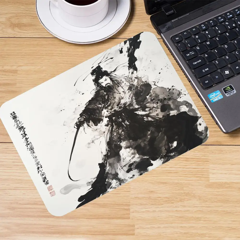 Dynamic Splashing Chinese Ink Warrior Figure Brush Stroke Mousepad Designed For Laptop Bedroom Desktop Keyboard Pad