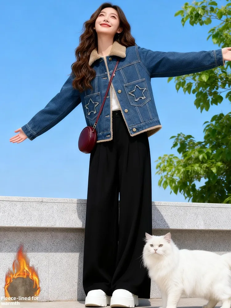 Faionable Afslanken ort Denim Jaet vrouwen Herfst Winter Nieuwe Sle Fce Thiened Kleine Fraance Sle Bontkraag Top