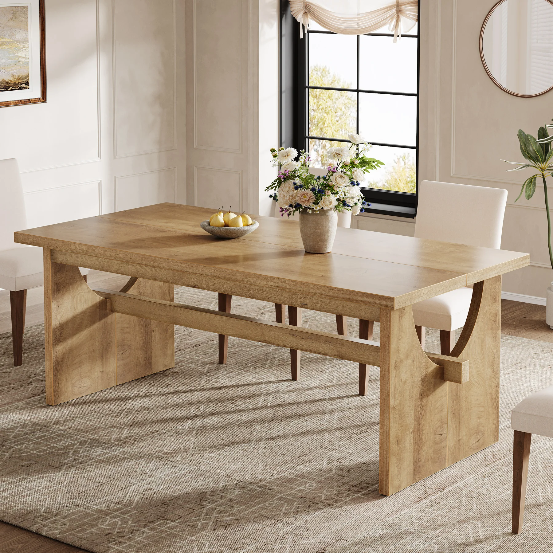 

lk-Farmhouse Dining Table for 4-6 People, 63" Large Rectangular Kitchen Dining Room Table with Heavy Duty Double Base&