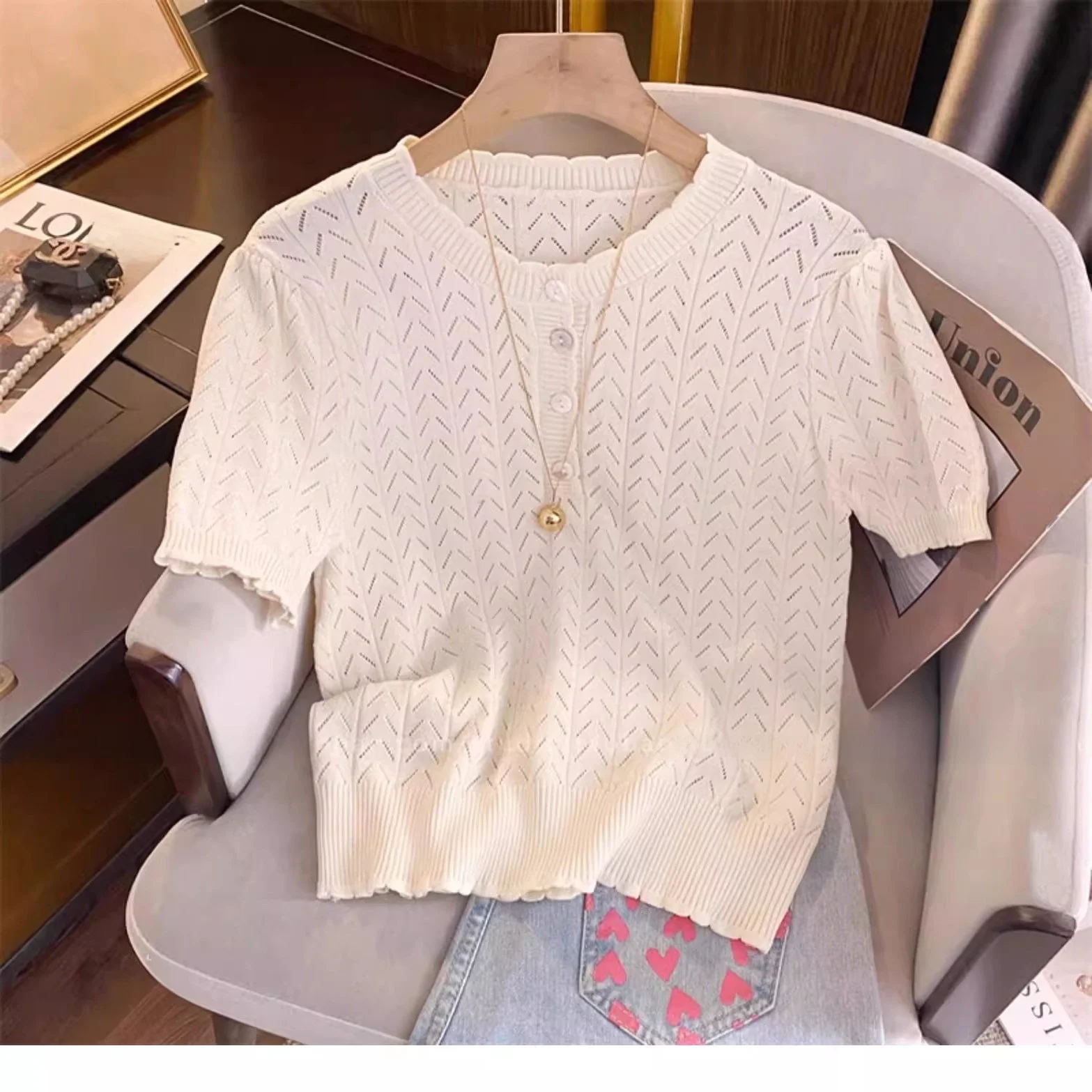 

Рекомендация уровня Чао! Абрикосовый ажурный круглый трикотаж Ne ort Sve женский летний свободный универсальный топ с плечами