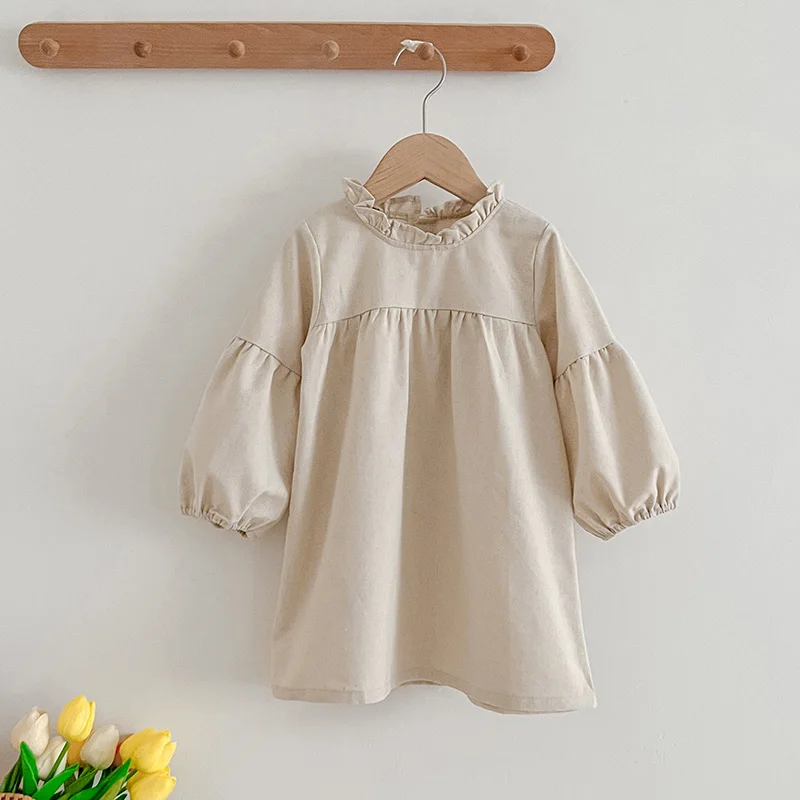 Girl's Cotton Linen Dress Children's Fresh A-Line Dress Long Sleeve Kids Clothing Autumn Style Girls Dress Sweet Fluffy Dress