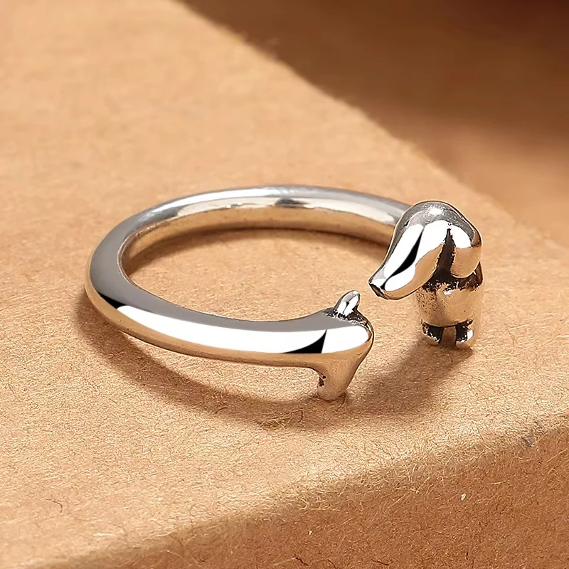 Cute Dachshund Dog Thai Silver Adjustable Rings Original Open Sausage Dog Pet Rings for Women Vintage Animal Jewelry