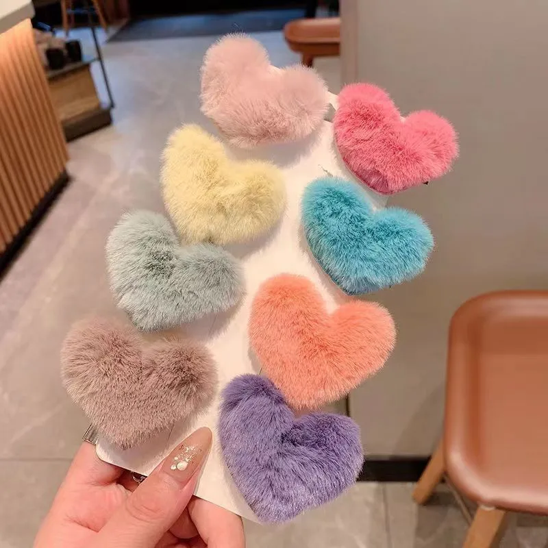 20Pcs/Lot Autumn Winter Women Hair Accessories Candy Color Plush Love Heart Shaped Bangs Hairpins Cute Hair Clip Girls Headdress