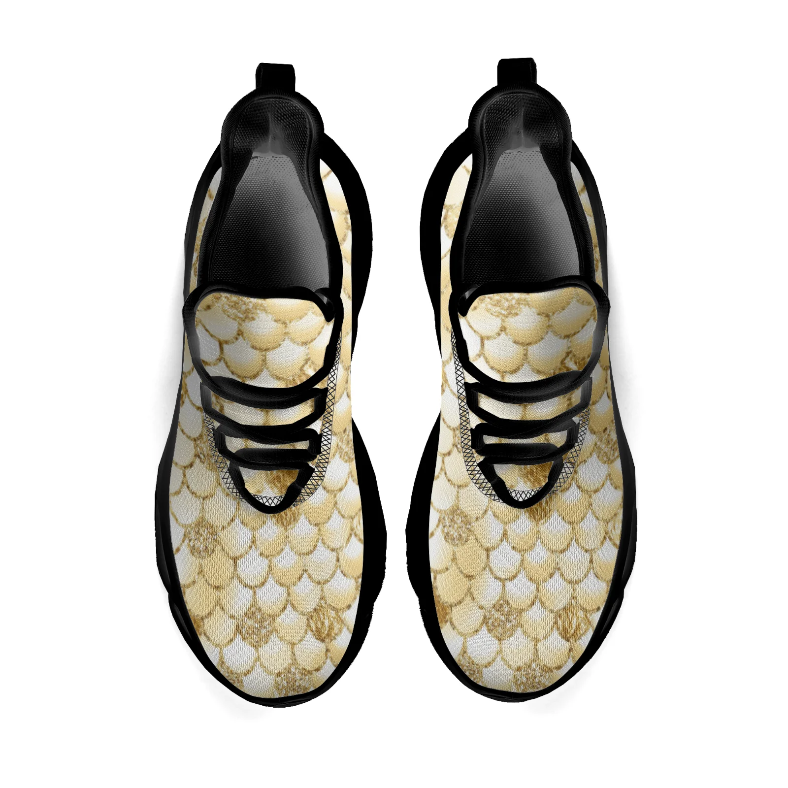 Buty sportowe z nadrukiem łusek złotych ryb dla kobiet i mężczyzn, lekkie buty do chodzenia i biegania, sznurowane siateczką.