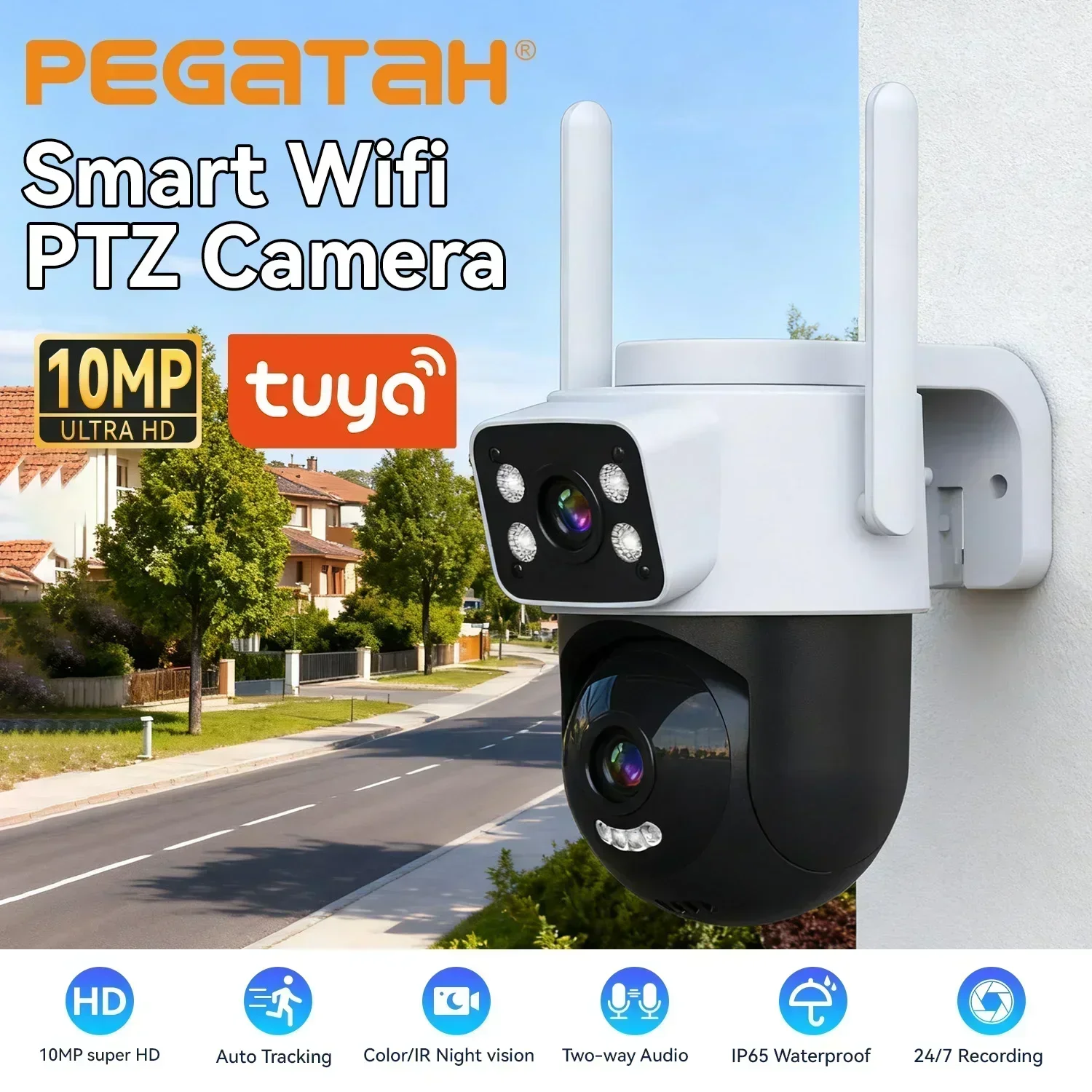 PEGATAH 10MP Outdoor WiFi IP Camera AI Auto Tracking 4K Dual Lens Security PTZ Camera Night Vision Surveillance Cam ONVIF Tuya