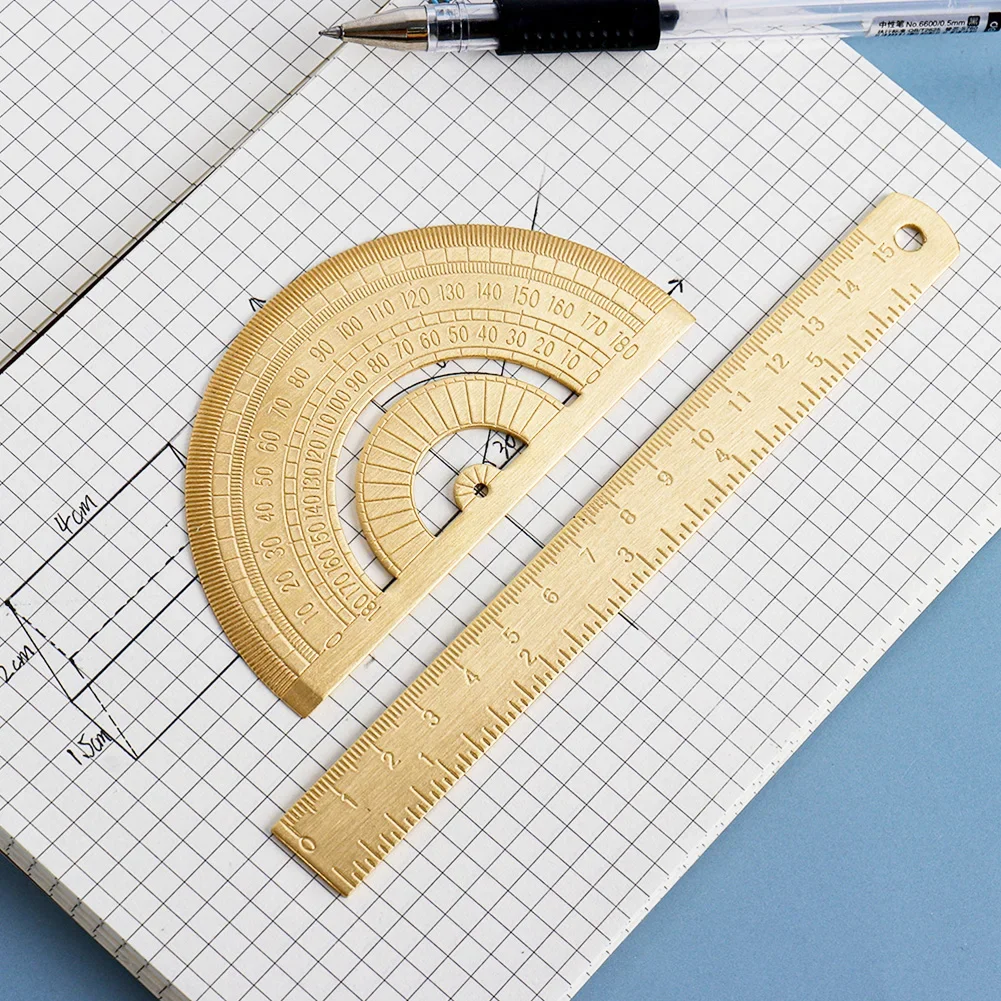 Vintage Brass Straight Ruler Digital Caliper For Students Creative Metal Triangle Ruler Protractor Stationery Measuring Tool