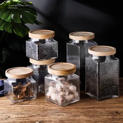 Vintage Square Glass Sealed Jar Wooden Lid Food-grade Coffee Bean Storage Jar Household Tea Pot Kitchen Storage Supplies 980ML