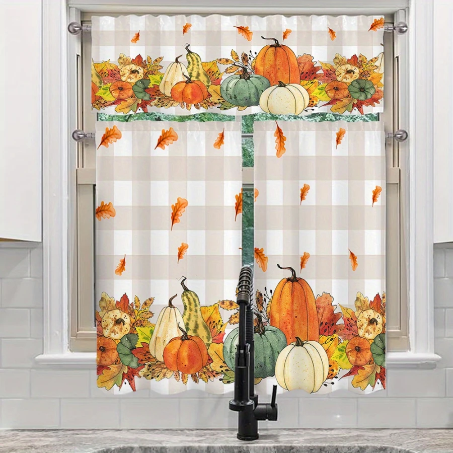 3PCS Fall Harvest Plaid Falling Leaves Pumpkin Curtain, Buffalo Check Autumn Thanksgiving Window Treatment Set for Kitchen