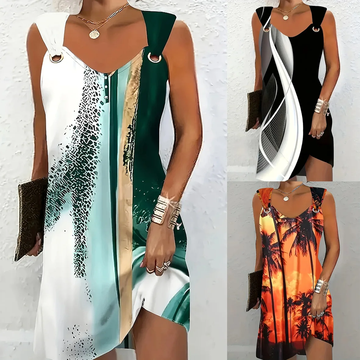 

2025 Summer Women's Sleeveless Retro Print Dress Round Neck Waist-Tie Casual Mini Dress Vintage Holiday Women Mini Dress Female