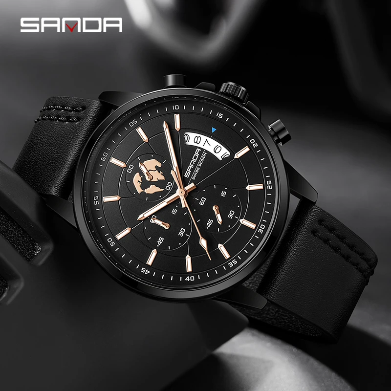 Fashion Sanda 5015 Men's Simple Steel Band Calendar Waterproof Korean Quartz Product Three Eyes Six Needle Business Watches