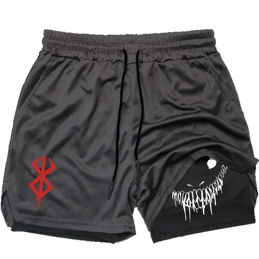 Anime Berserk Running Shorts Men Fitness Gym Training 2 in 1 Sports Shorts Quick Dry Workout Jogging Double Deck Summer