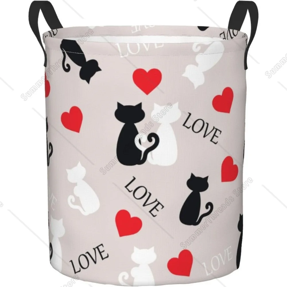

Couple Cats On A Love Laundry Basket Round With Handle, Collapsible Foldable Canvas Storage Bin Dirty Clothes Bag For Laundry