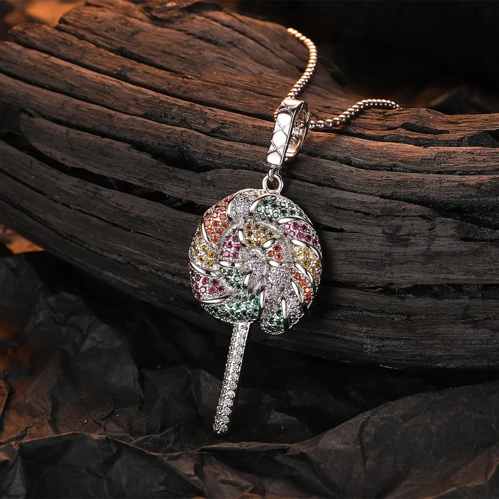 S925 Sterling Silver Rainbow Lollipop Pendant Necklace for Women (40cm + 3.5cm) Free Shipping on Luxury Jewelry