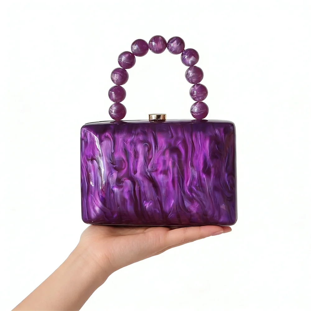 

Pearl Dark Purple Acrylic Evening Clutch Bag Phone Purse Handbag Crossbody Messenger Wedding Party Women Prom Beaded Handle Bags